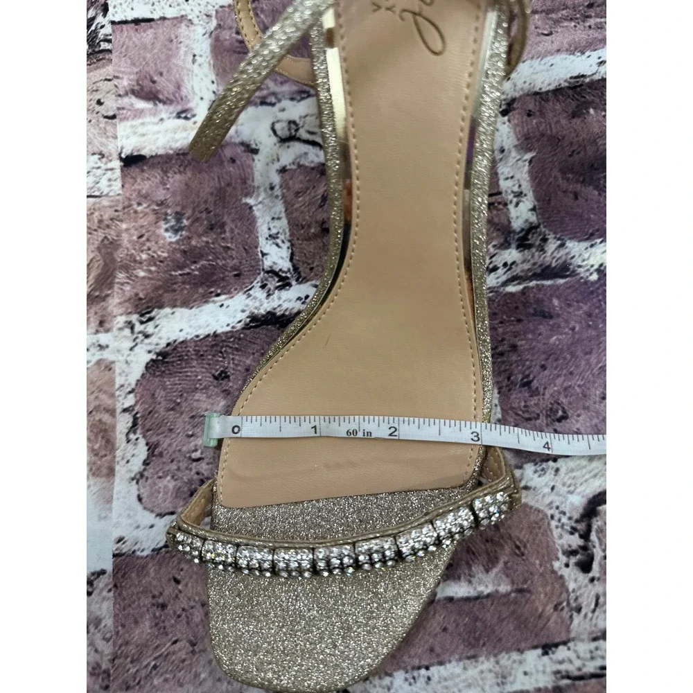 Jewel Badgley Mischka Gold Glitter Crystal Block Heel Sandals Women Formal NWOB